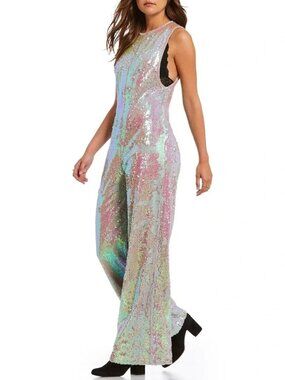Free People Starbright Sequin Jumpsuit Blush Pink Green Blue Iridescent S